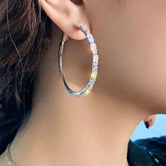 925 Women's Diamond 💎 Hoop Earrings - Picture 6 of 6